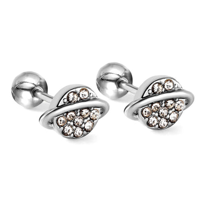 Golden Steel Stud Planet + Orbit with White Diamonds Earrings