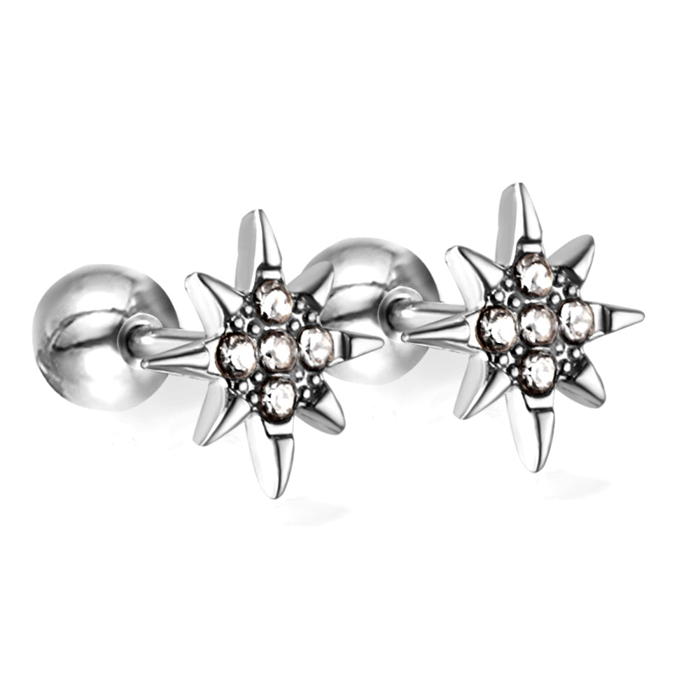 Gold coloured steel ball screw-in lucky star stud earrings with white diamonds