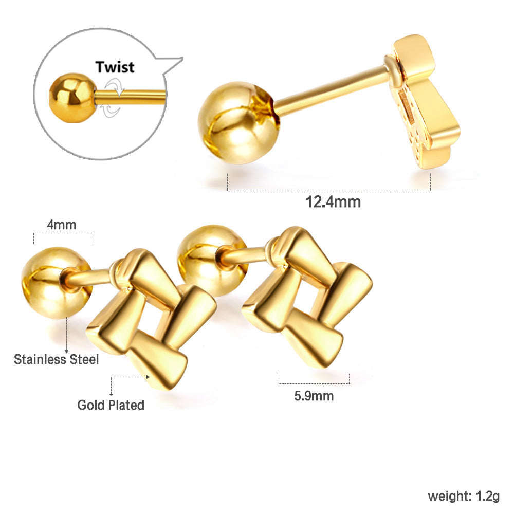Gold coloured steel ball screw plug square block earrings