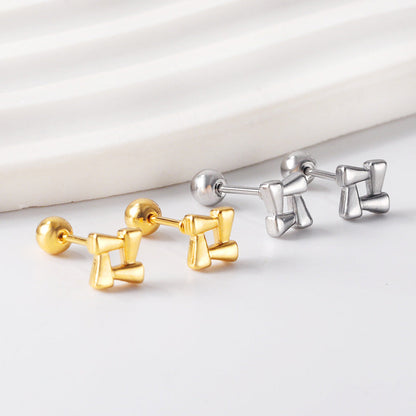 Gold coloured steel ball screw plug square block earrings