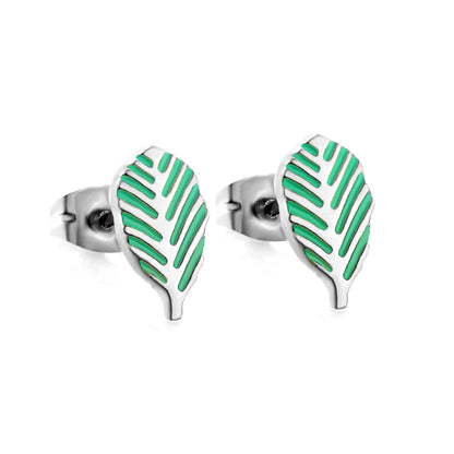 Girls Kids Jewelry Stainless Steel 18K Gold Plated Leaf Green Cut Stud Earrings