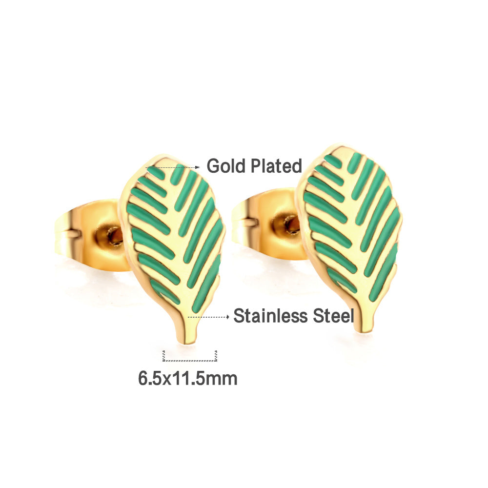 Girls Kids Jewelry Stainless Steel 18K Gold Plated Leaf Green Cut Stud Earrings