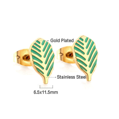 Girls Kids Jewelry Stainless Steel 18K Gold Plated Leaf Green Cut Stud Earrings