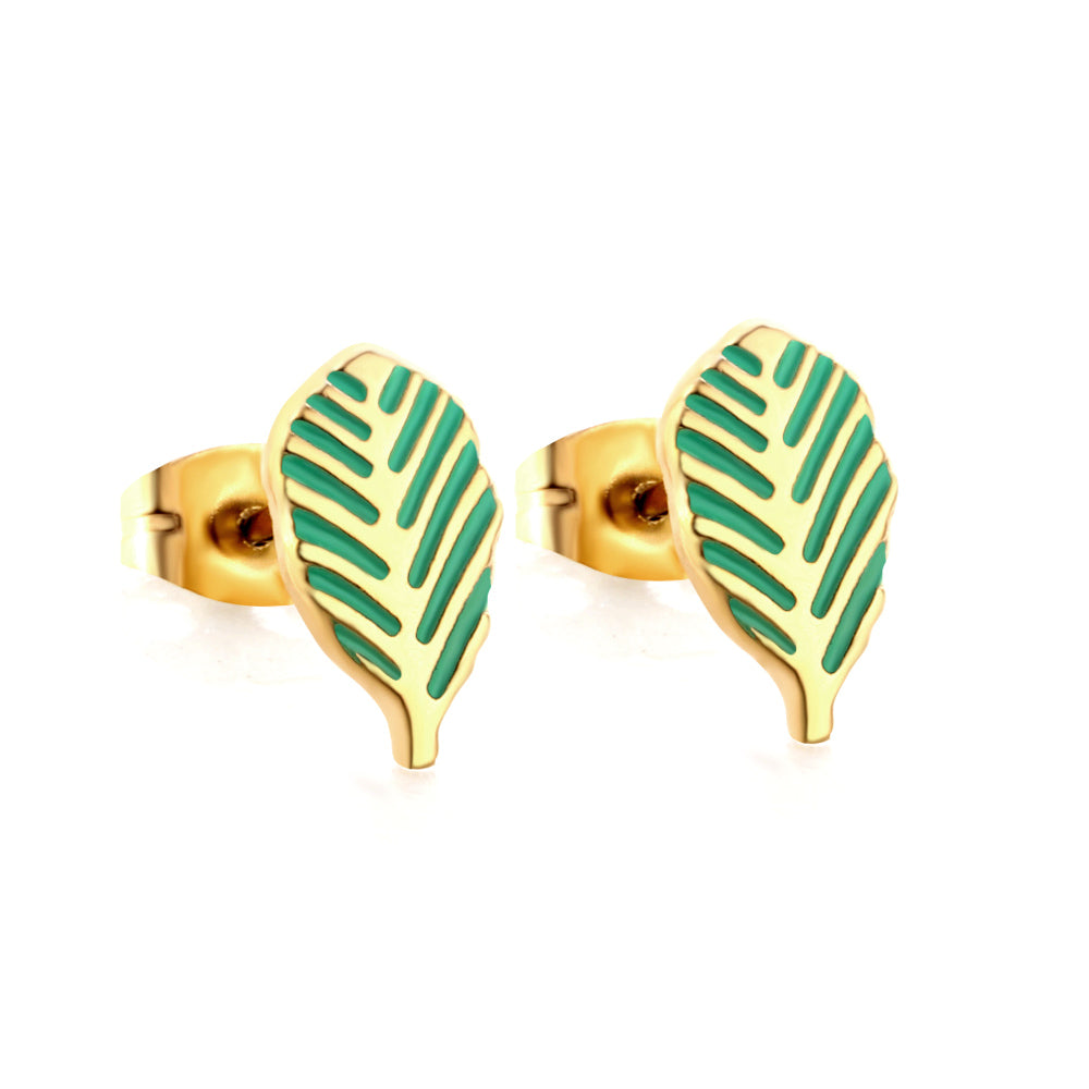 Girls Kids Jewelry Stainless Steel 18K Gold Plated Leaf Green Cut Stud Earrings