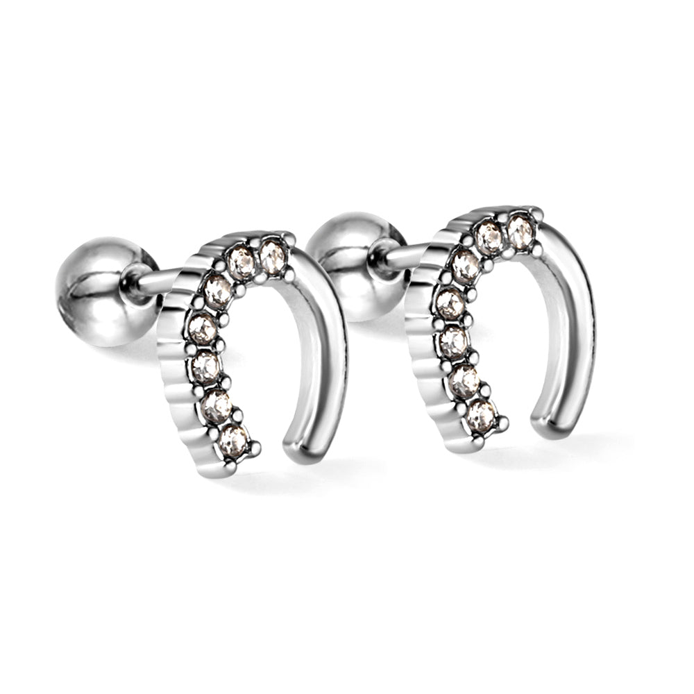 Golden Steel Stud Planet + Orbit with White Diamonds Earrings