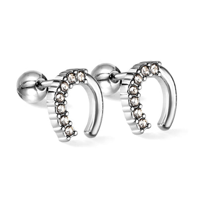 Golden Steel Stud Planet + Orbit with White Diamonds Earrings