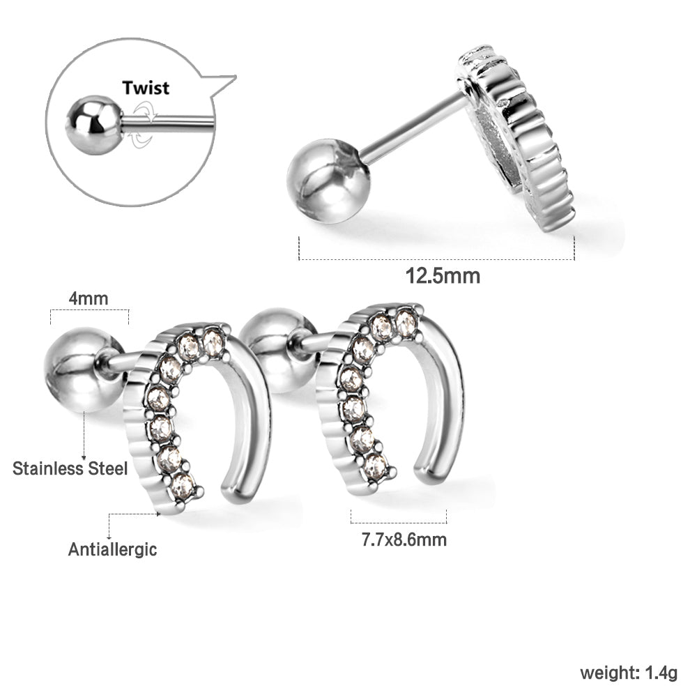 Golden Steel Stud Planet + Orbit with White Diamonds Earrings