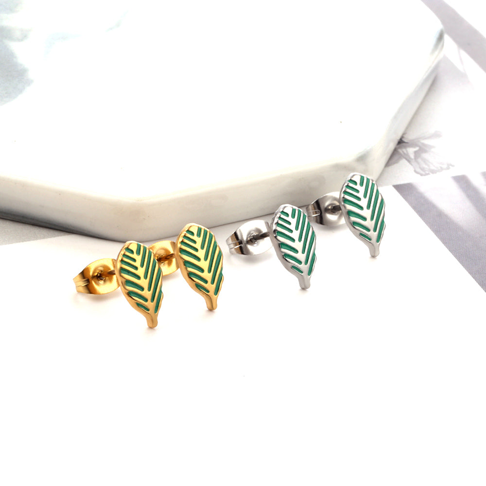 Girls Kids Jewelry Stainless Steel 18K Gold Plated Leaf Green Cut Stud Earrings