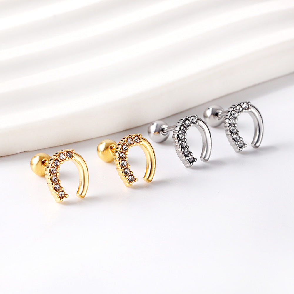 Golden Steel Stud Planet + Orbit with White Diamonds Earrings