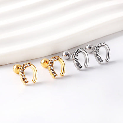 Golden Steel Stud Planet + Orbit with White Diamonds Earrings