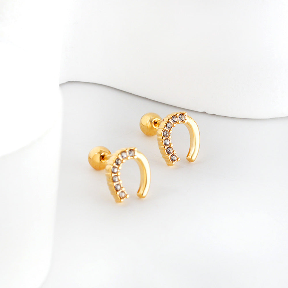 Golden Steel Stud Planet + Orbit with White Diamonds Earrings