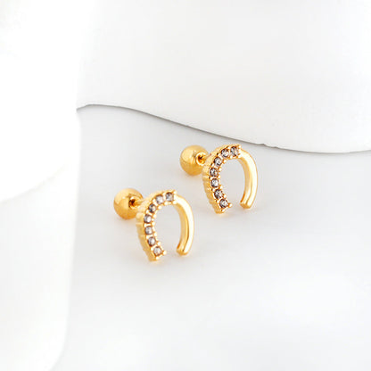 Golden Steel Stud Planet + Orbit with White Diamonds Earrings