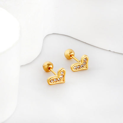 Gold coloured steel ball screw-in crooked star with white diamonds stud earrings