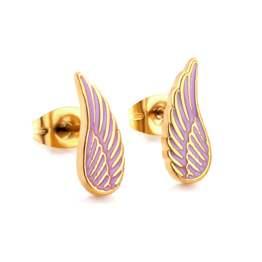 Girls Kids Jewelry Stainless Steel Angel Wings Purple Cut Stud Earrings