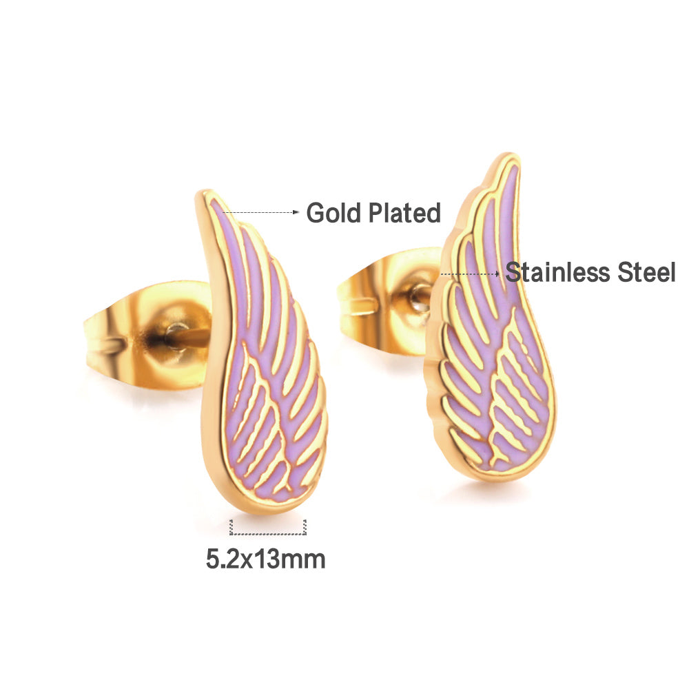 Girls Kids Jewelry Stainless Steel Angel Wings Purple Cut Stud Earrings