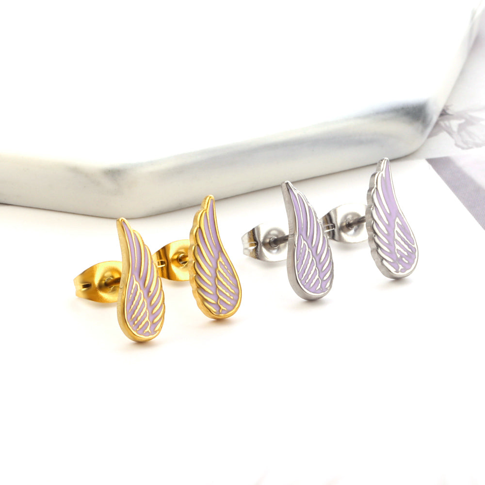 Girls Kids Jewelry Stainless Steel Angel Wings Purple Cut Stud Earrings