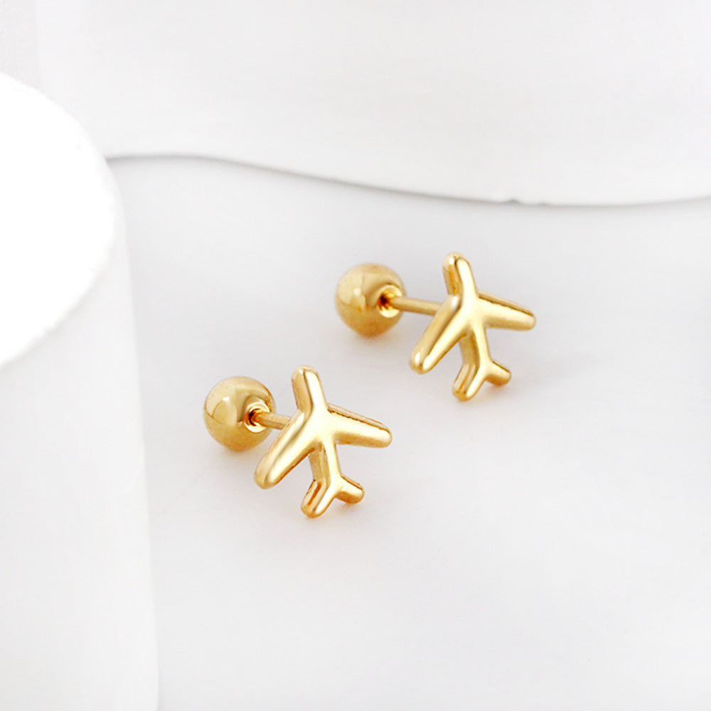 Gold coloured steel ball screw-in aeroplane stud earrings