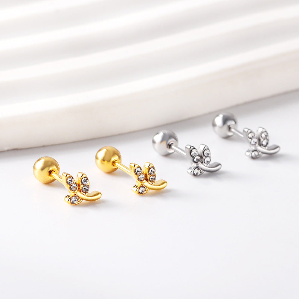 Gold coloured steel ball screw back leaves with white diamonds stud earrings
