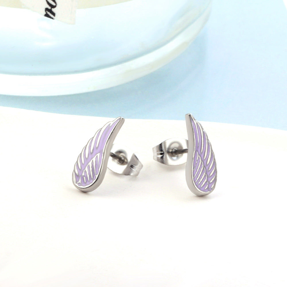 Girls Kids Jewelry Stainless Steel Angel Wings Purple Cut Stud Earrings