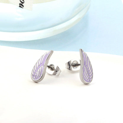 Girls Kids Jewelry Stainless Steel Angel Wings Purple Cut Stud Earrings