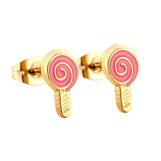 Enamel Girls Kids Jewelry Stainless Steel Lollipop Rose Red Cut Stud Earrings