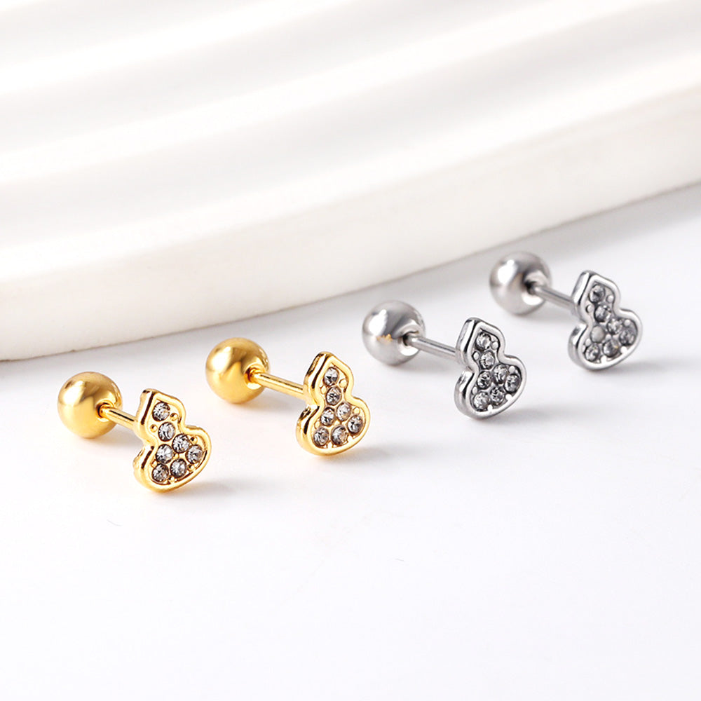 Gold coloured steel ball screw-in gourd with white diamonds stud earrings