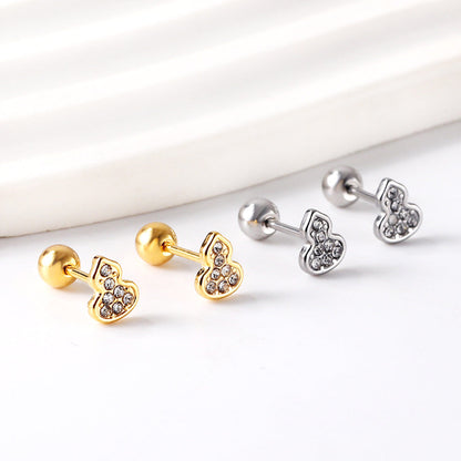 Gold coloured steel ball screw-in gourd with white diamonds stud earrings