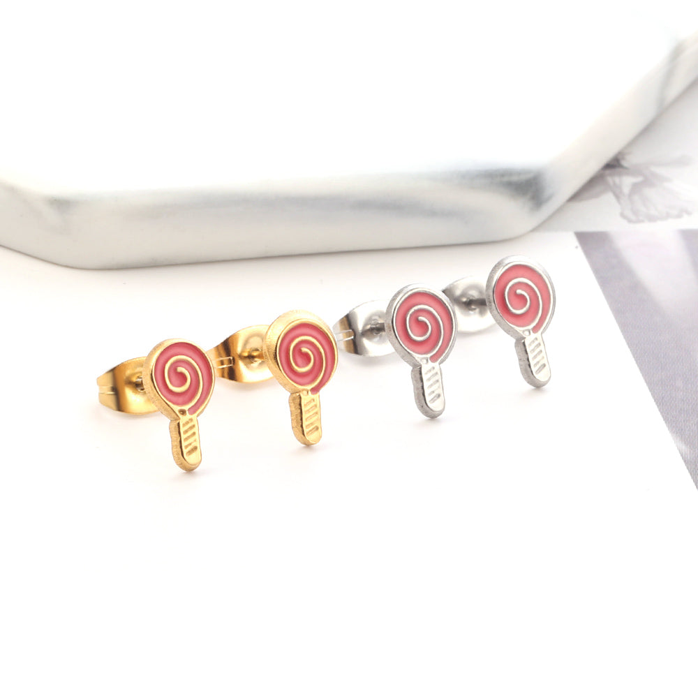Enamel Girls Kids Jewelry Stainless Steel Lollipop Rose Red Cut Stud Earrings