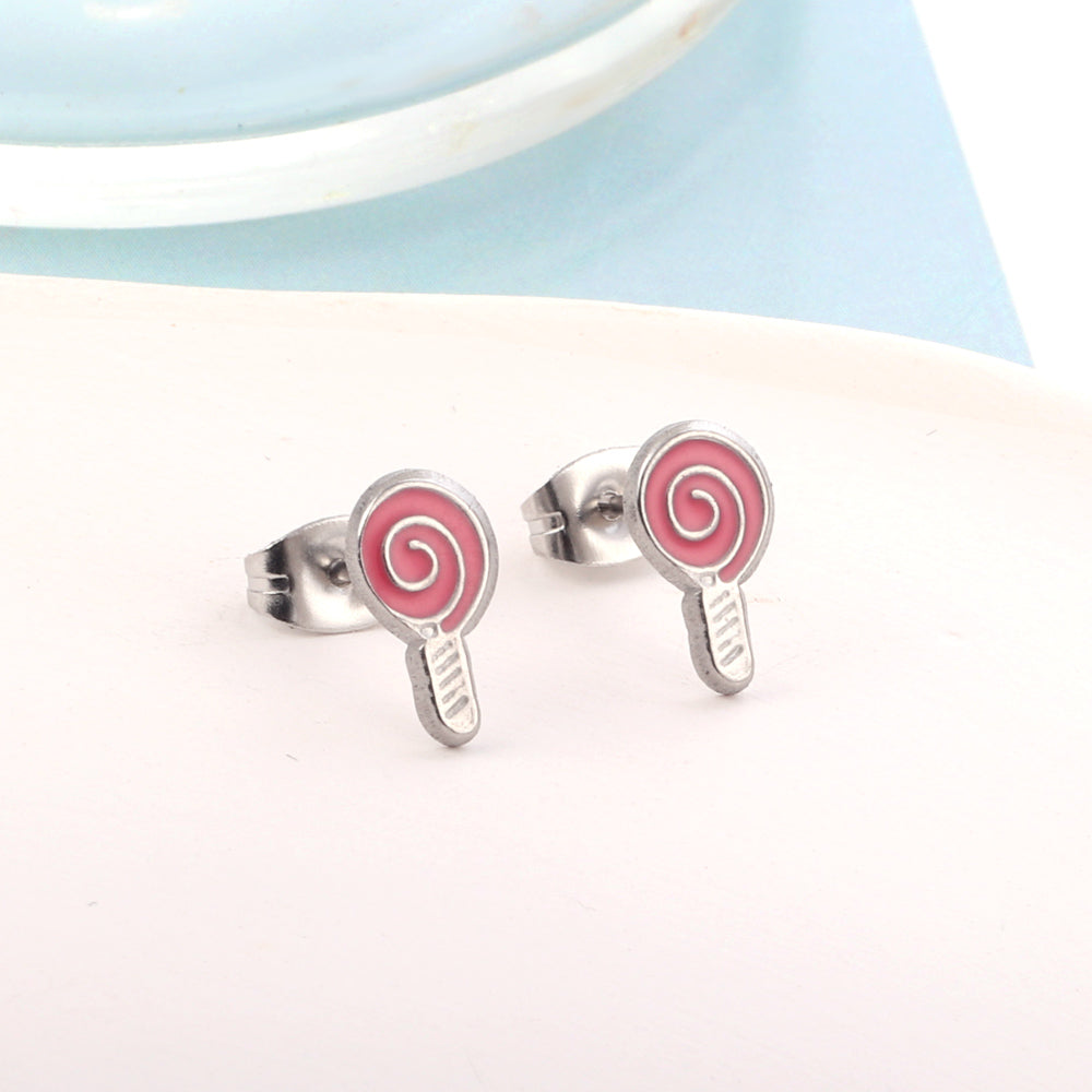Enamel Girls Kids Jewelry Stainless Steel Lollipop Rose Red Cut Stud Earrings
