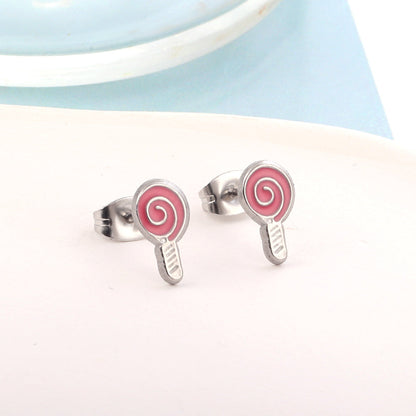 Enamel Girls Kids Jewelry Stainless Steel Lollipop Rose Red Cut Stud Earrings