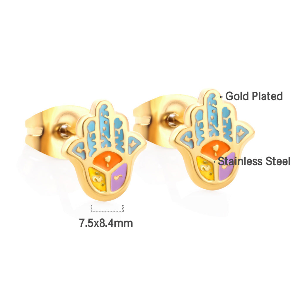 Enamel Girls Kids Jewelry Stainless Steel Palm Mixed Color Cut Stud Earrings