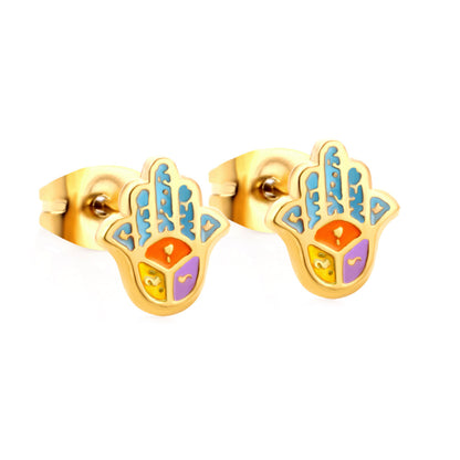 Enamel Girls Kids Jewelry Stainless Steel Palm Mixed Color Cut Stud Earrings