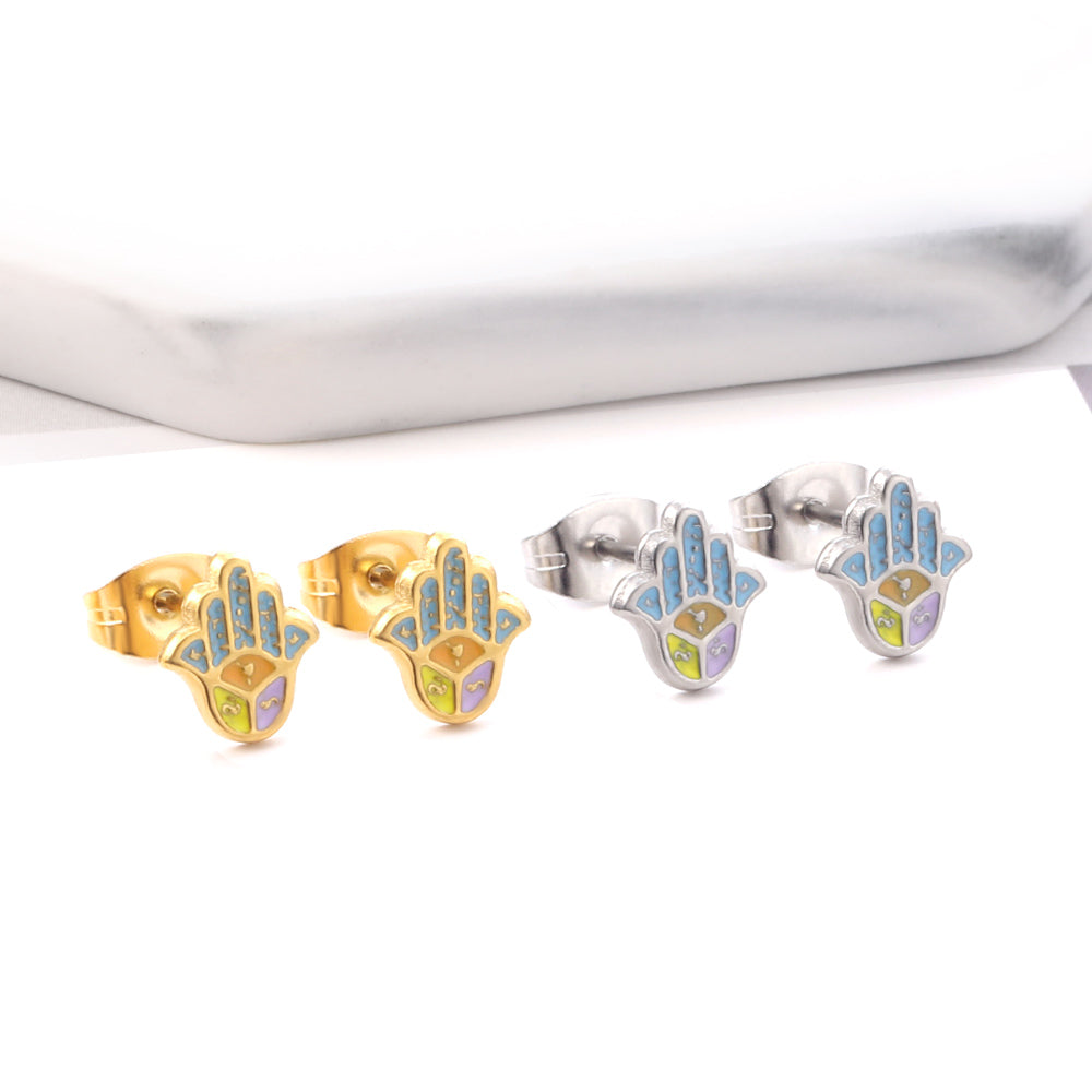 Enamel Girls Kids Jewelry Stainless Steel Palm Mixed Color Cut Stud Earrings