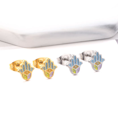 Enamel Girls Kids Jewelry Stainless Steel Palm Mixed Color Cut Stud Earrings
