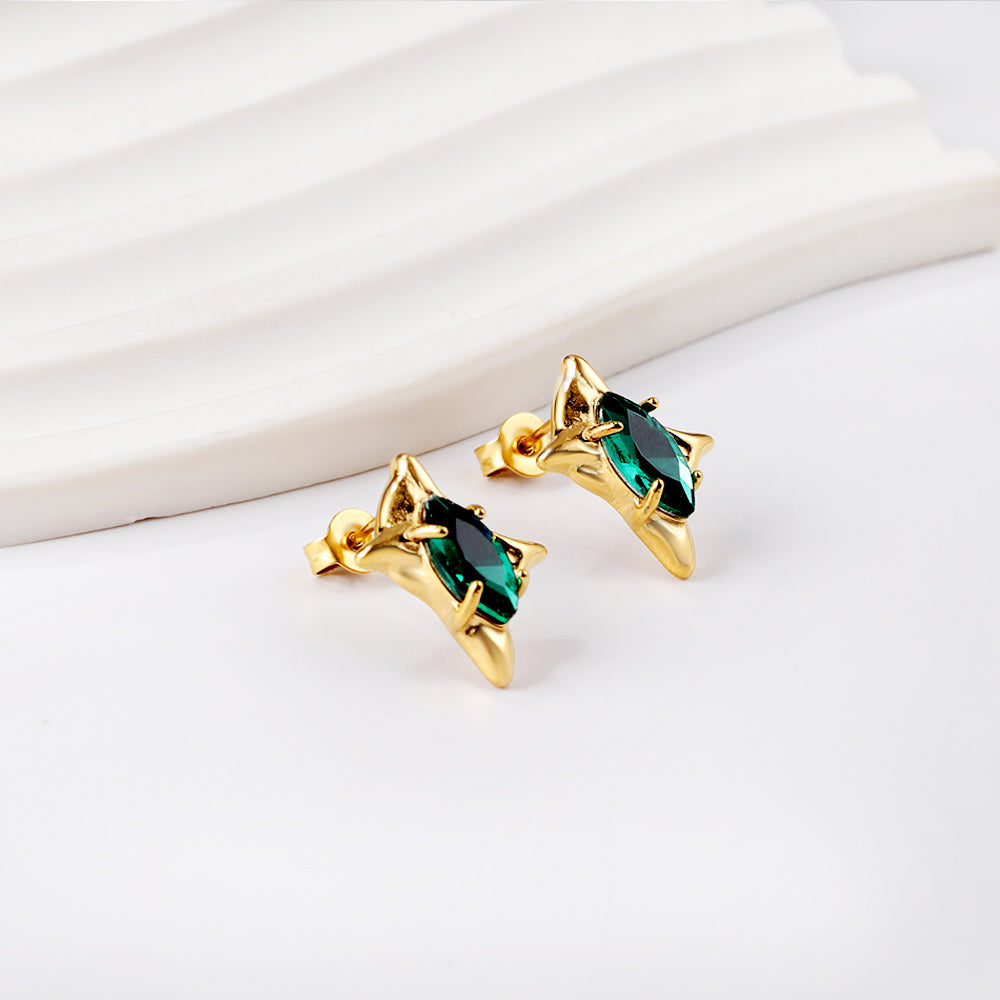 Gold coloured four-pointed star with green diamonds stud earrings