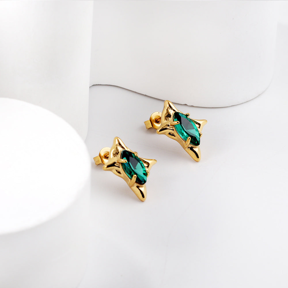 Gold coloured four-pointed star with green diamonds stud earrings