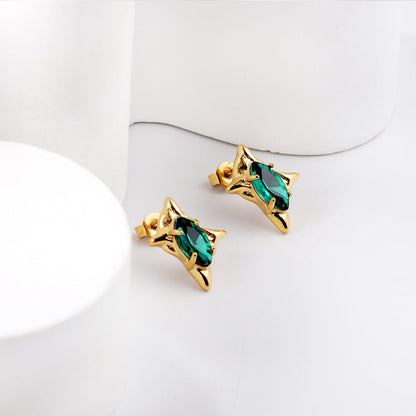 Gold coloured four-pointed star with green diamonds stud earrings
