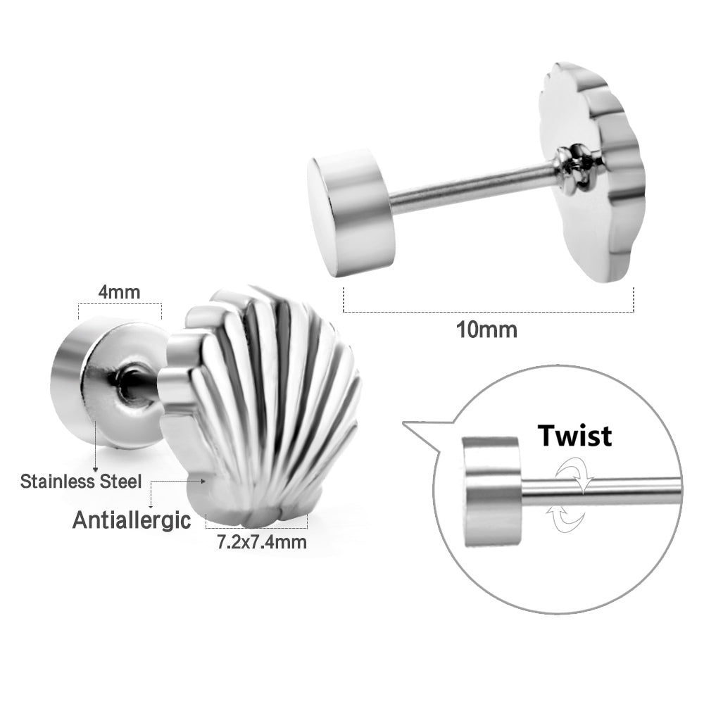 12 pairs Screw In Shell Shape Stud Earrings Gold / Steel