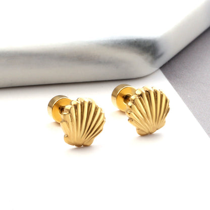 12 pairs Screw In Shell Shape Stud Earrings Gold / Steel