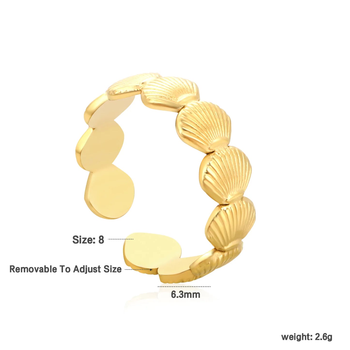 ✨6.3mm Seashell Adjustable Open Ring  Gold Stainless Steel Stackable Ring | Hypoallergenic Jewelry | Bulk Wholesale