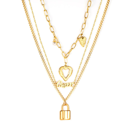 Lock + heart + pearl pendant three chains 48+43+40+5cm gold color