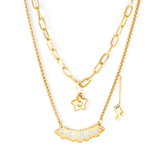 Piano+Note+Star+Pendant+with+mixed+diamonds+double+chain 45+40+5cm Gold