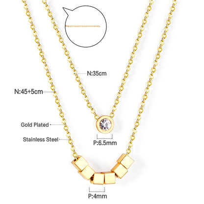 6 squares + round double chain with diamonds 45+35+5cm gold color