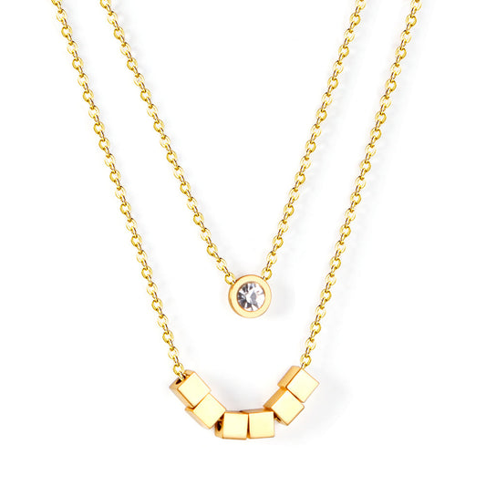 6 squares + round double chain with diamonds 45+35+5cm gold color