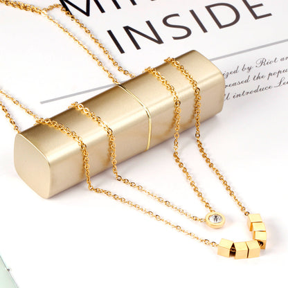 6 squares + round double chain with diamonds 45+35+5cm gold color