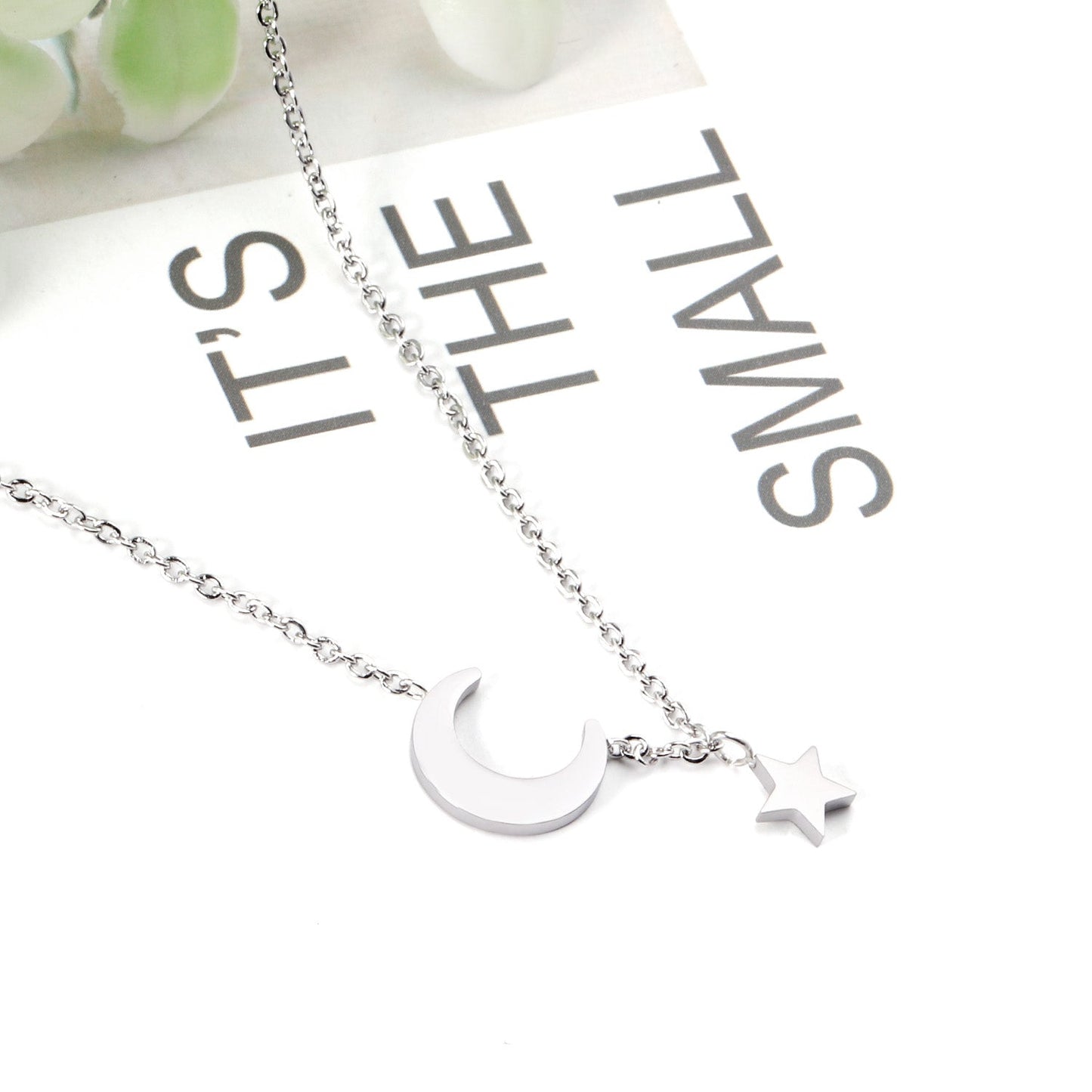 Gold & Steel Star & Moon Combo Pendant Necklace 45+5cm
