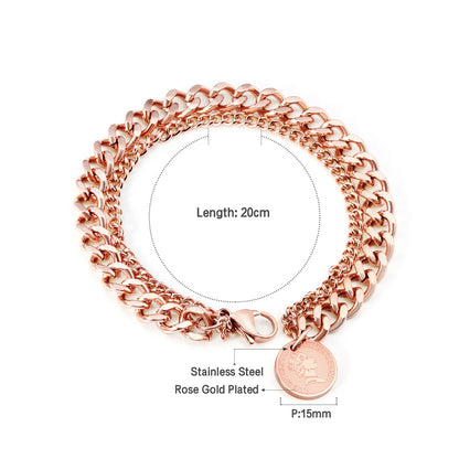 ASON Fashion 316L Stainless Steel Double Chain Bracelet with Coin Cuban Link Chain Bangles Unisex Wrist Jewelry