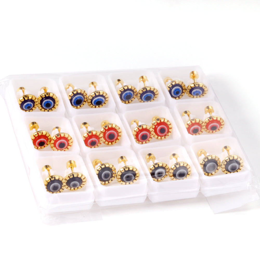 12 pairs Screw In Color Mixed Cat Eye Stud Earrings Gold