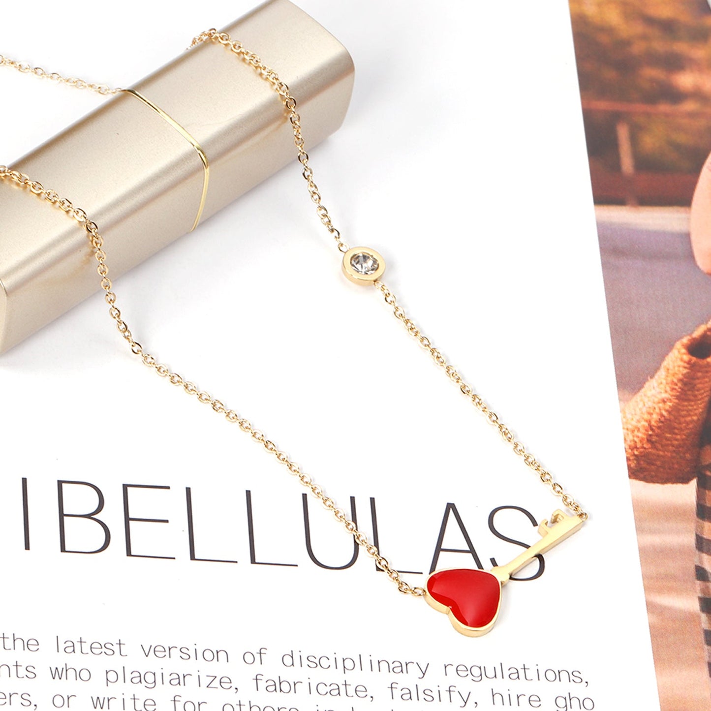 4K rose gold & gold color oil dripping red heart and key shape pendant necklace with diamonds