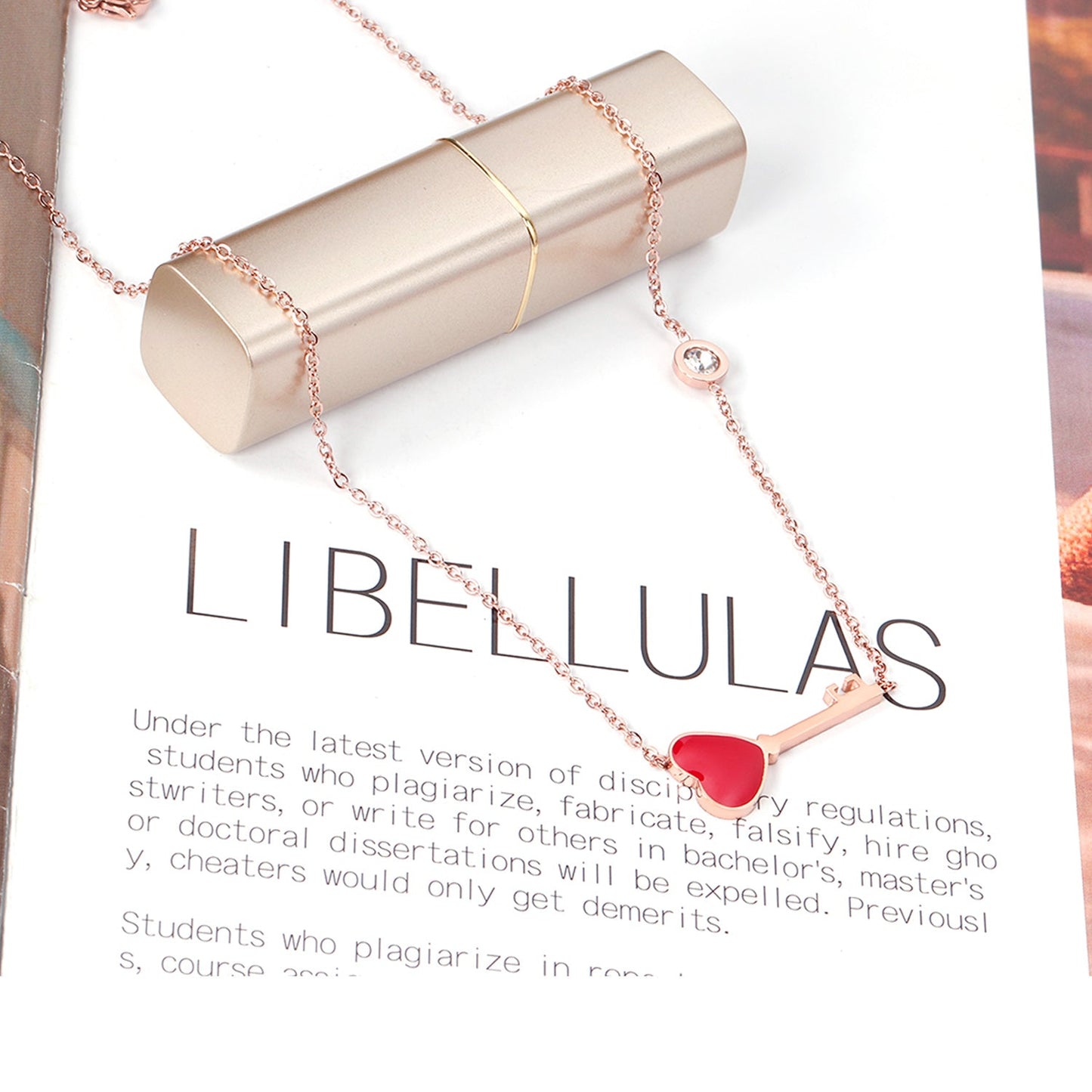 4K rose gold & gold color oil dripping red heart and key shape pendant necklace with diamonds